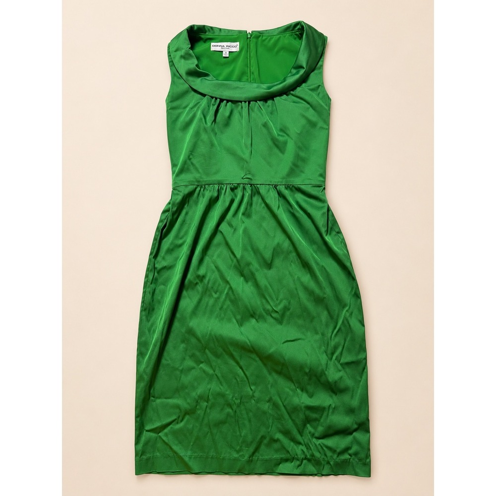 Donna Ricco Emerald Green Cowl Neck Satin Sheath Midi Dress Size 10